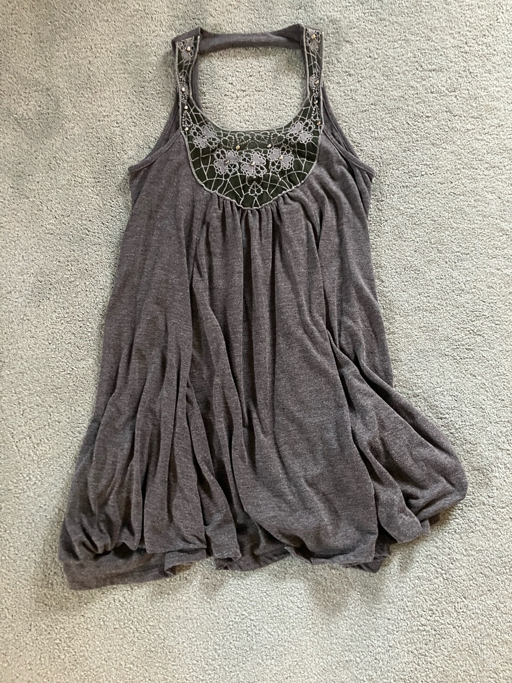 David Kahn Gray Crochet Yoke Tank